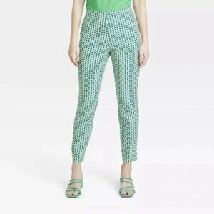 A New Day Ivory & Green Geo Print High Rise Stretch Skinny Ankle Pants Sz 4 NWT
